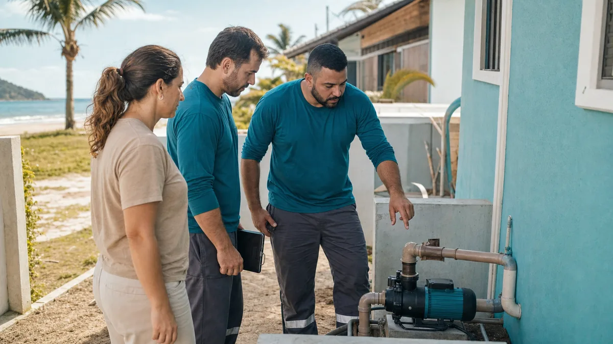Equipe técnica em Itapoá avaliando sistema de abastecimento de água em residência