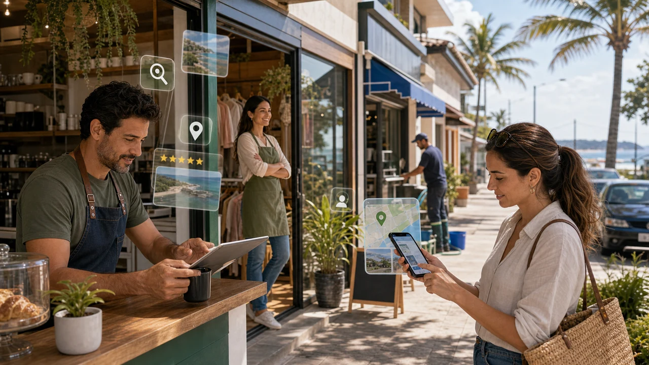 Rua comercial de Itapoá com pequenos negócios organizando presença digital