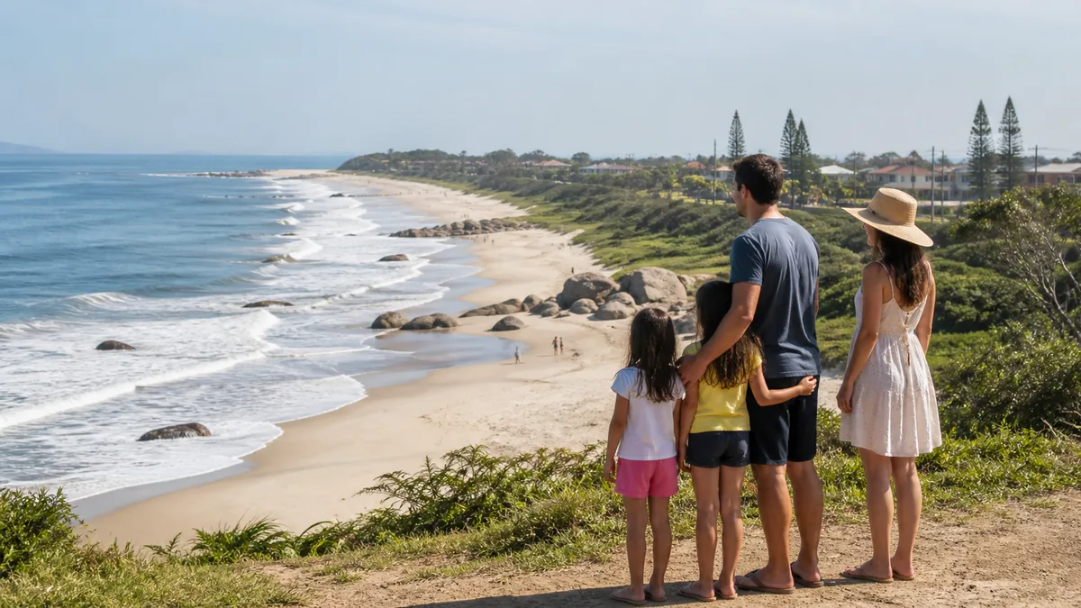 Família observa diferentes trechos da orla de Itapoá em manhã ensolarada