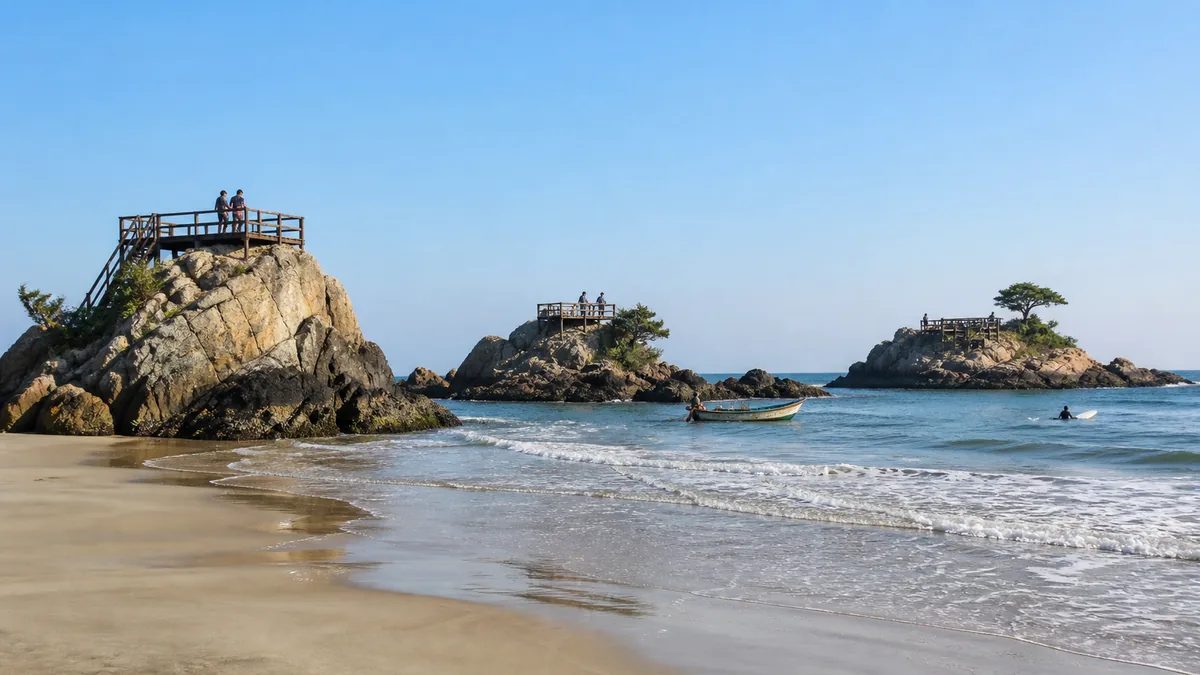Vista editorial das três formações rochosas de Itapoá a partir da praia