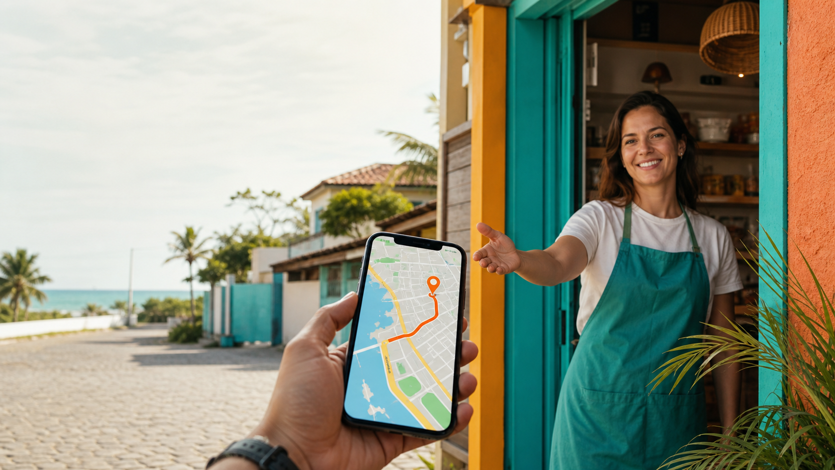 Celular com mapa e informações de um negócio da Princesa do Mar em Itapoá