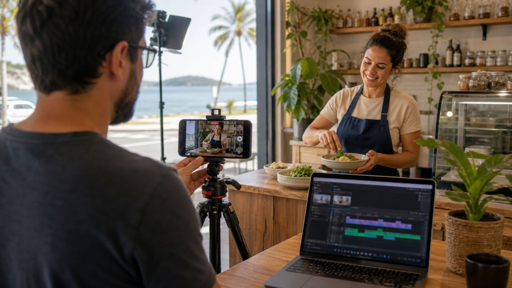 Produção de vídeo para negócios de Itapoá mostrando bastidores e depoimentos