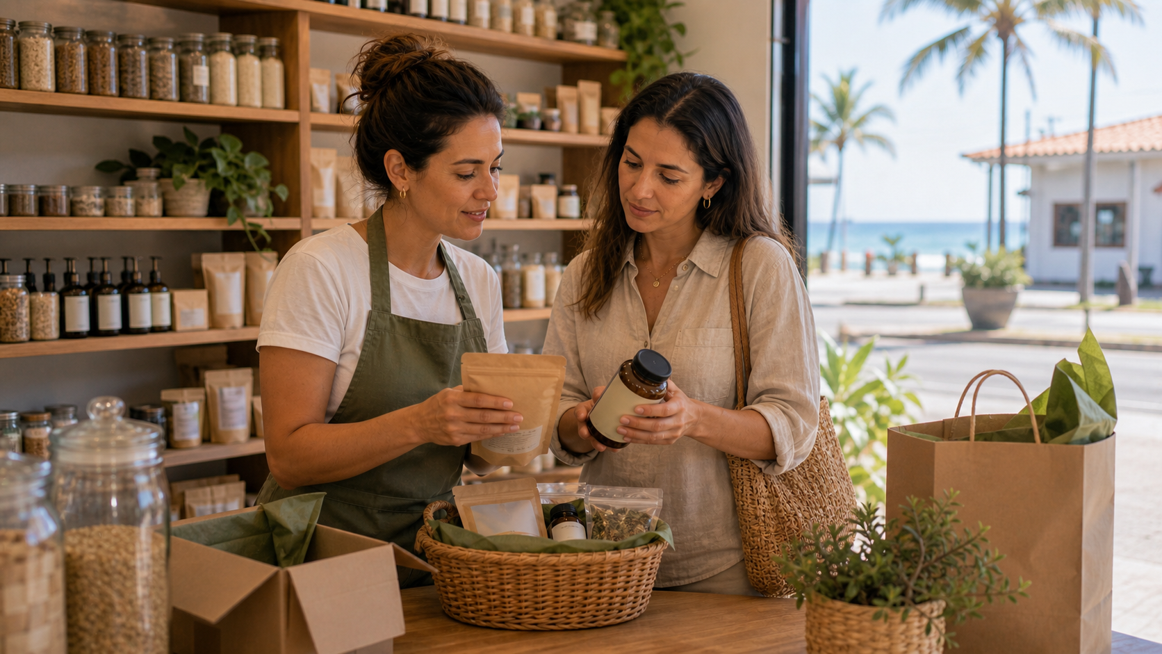 Profissional e cliente conversando sobre produtos naturais e suplementos em Itapoá em ambiente litorâneo