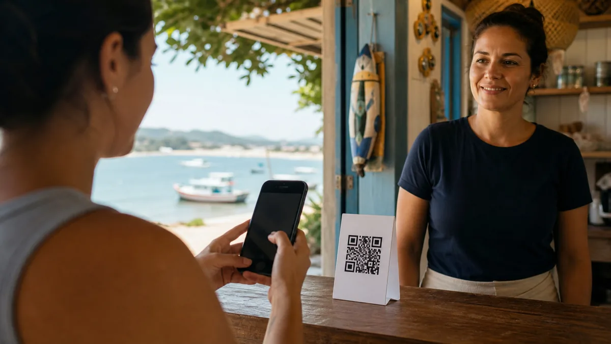 Cliente escaneando QR Code em balcão de negócio em Itapoá para abrir WhatsApp