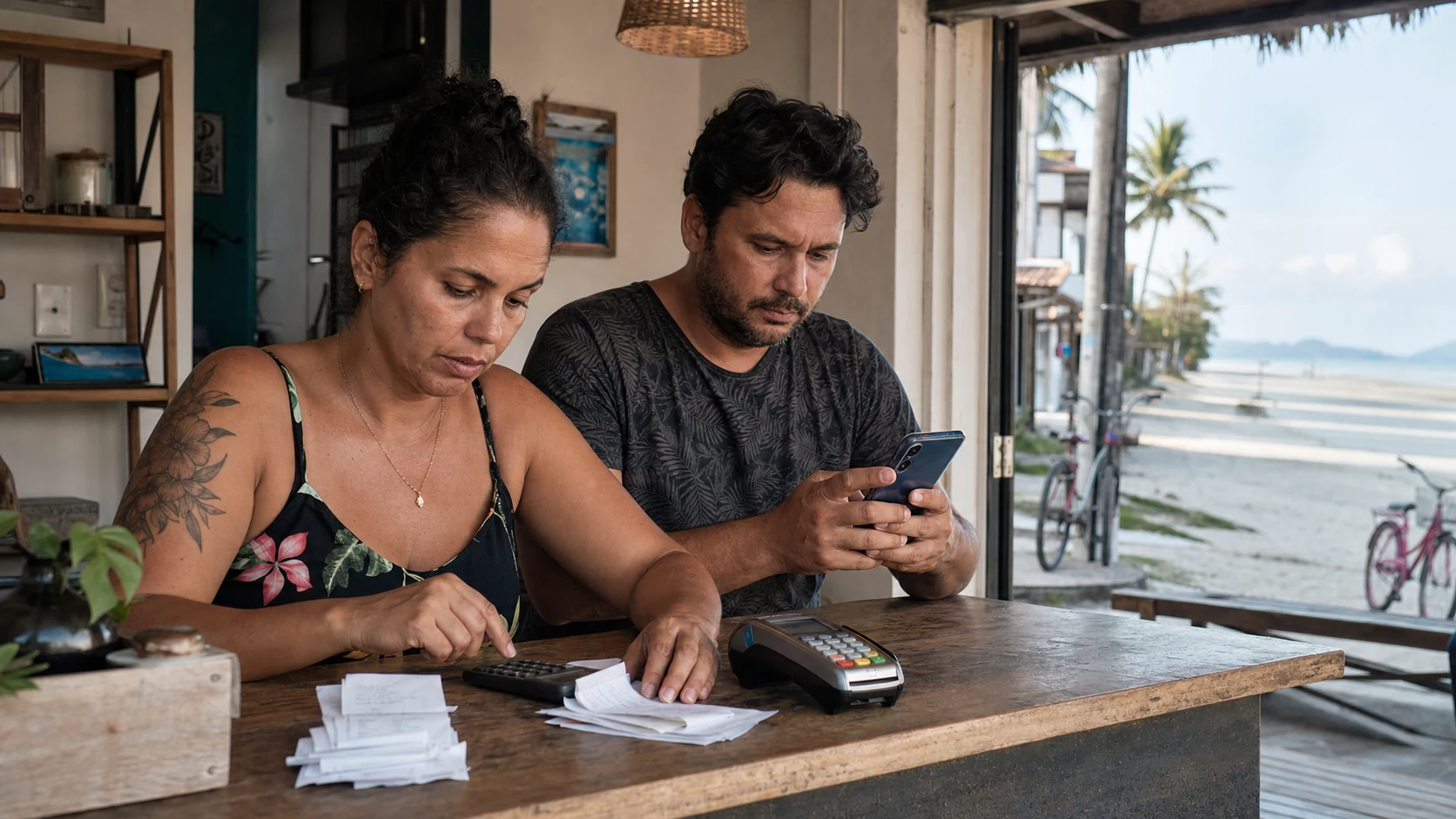 Casal de Itapoá confere despesas e investimento digital em pousada à beira-mar