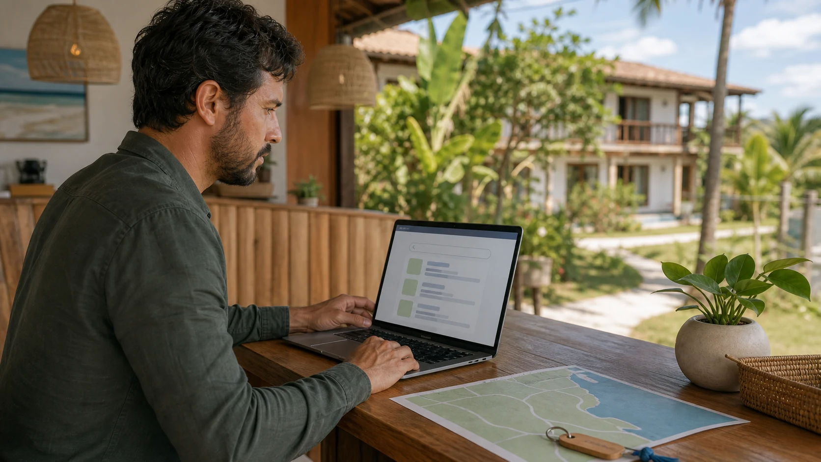 Profissional que faz Google Ads para pousada em Itapoá analisando pesquisas e localização