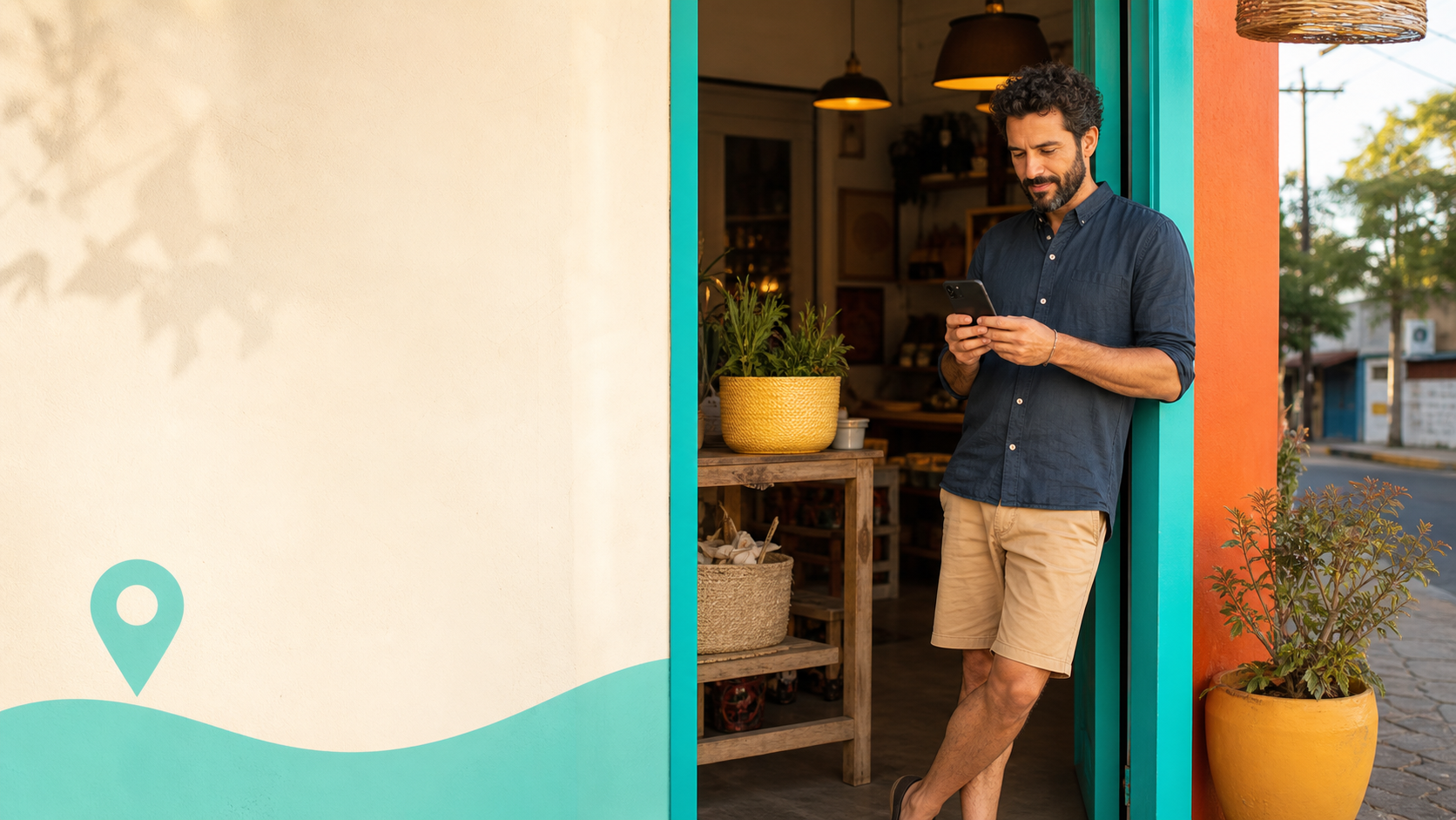 Celular mostrando endereço e horário de um negócio local na Rainha do Mar