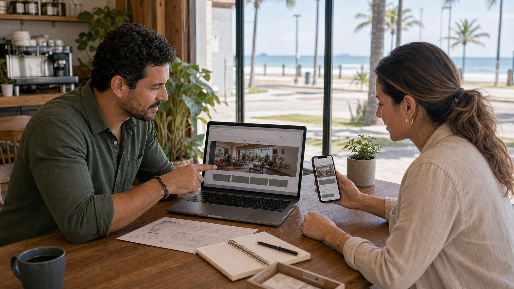 Profissional e cliente conversando sobre redesign de site em Itapoá em ambiente litorâneo