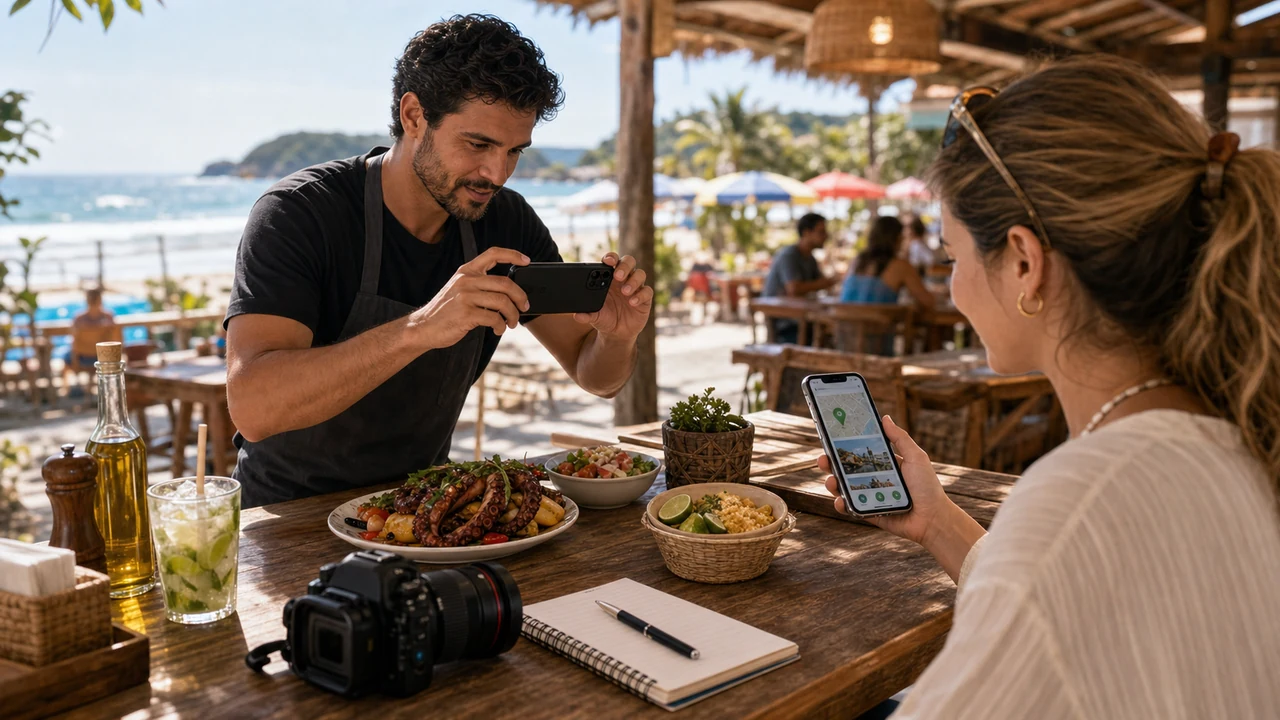 Perfil de restaurante em Itapoá com cardápio, fotos de pratos e rota no Google
