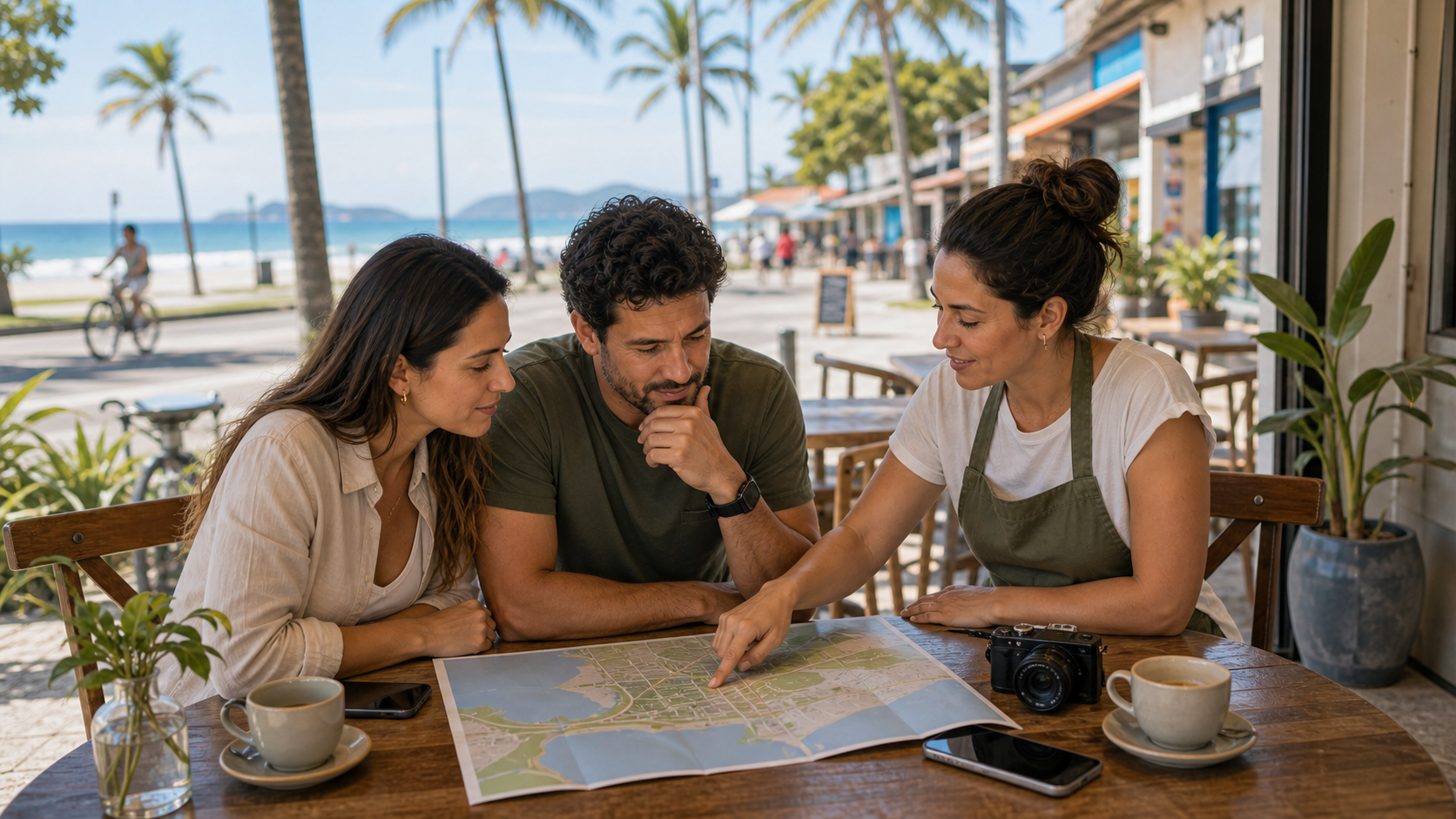 Profissional e cliente conversando sobre roteiro de um dia em Itapoá em ambiente litorâneo