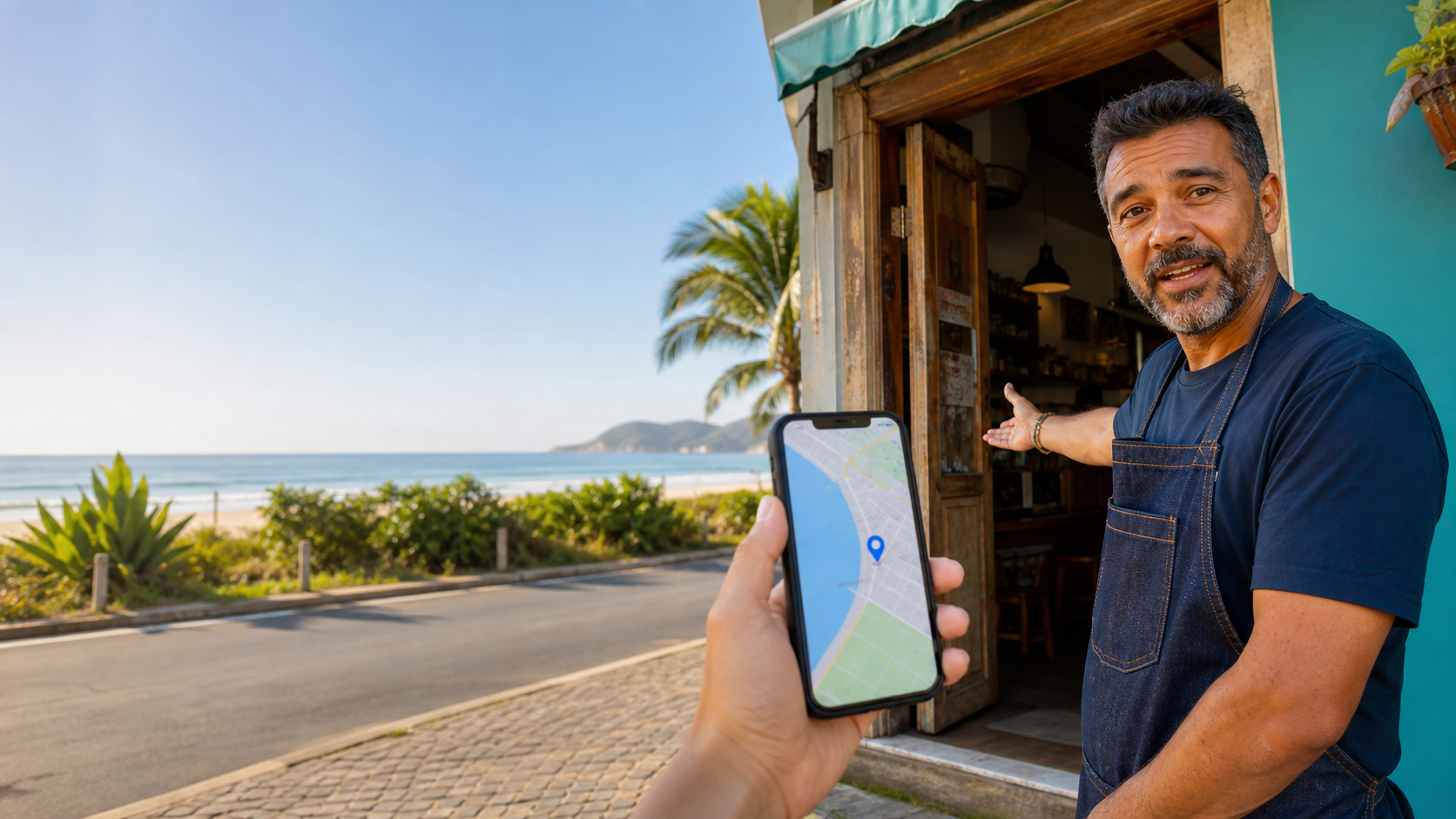 SEO local na Praia do Imperador com negócio, natureza e informações de acesso