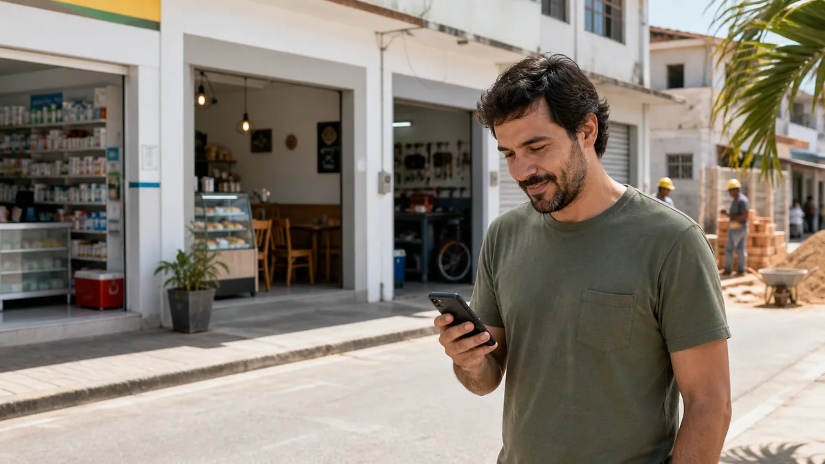Moradora pesquisa profissionais e empresas locais de Itapoá no celular