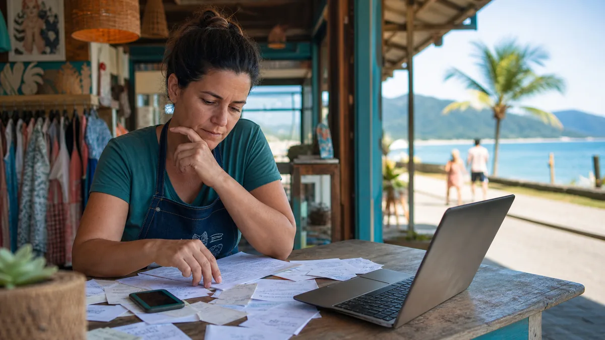 Dono de negócio em Itapoá revisando sinais de marketing em notebook e anotações