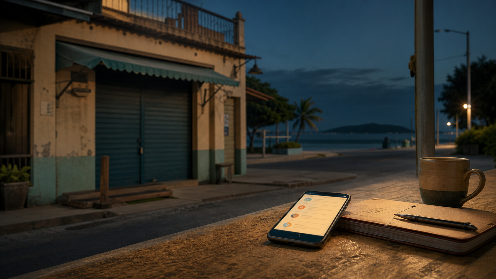 Site em Itapoá disponível à noite enquanto cliente pesquisa um negócio local