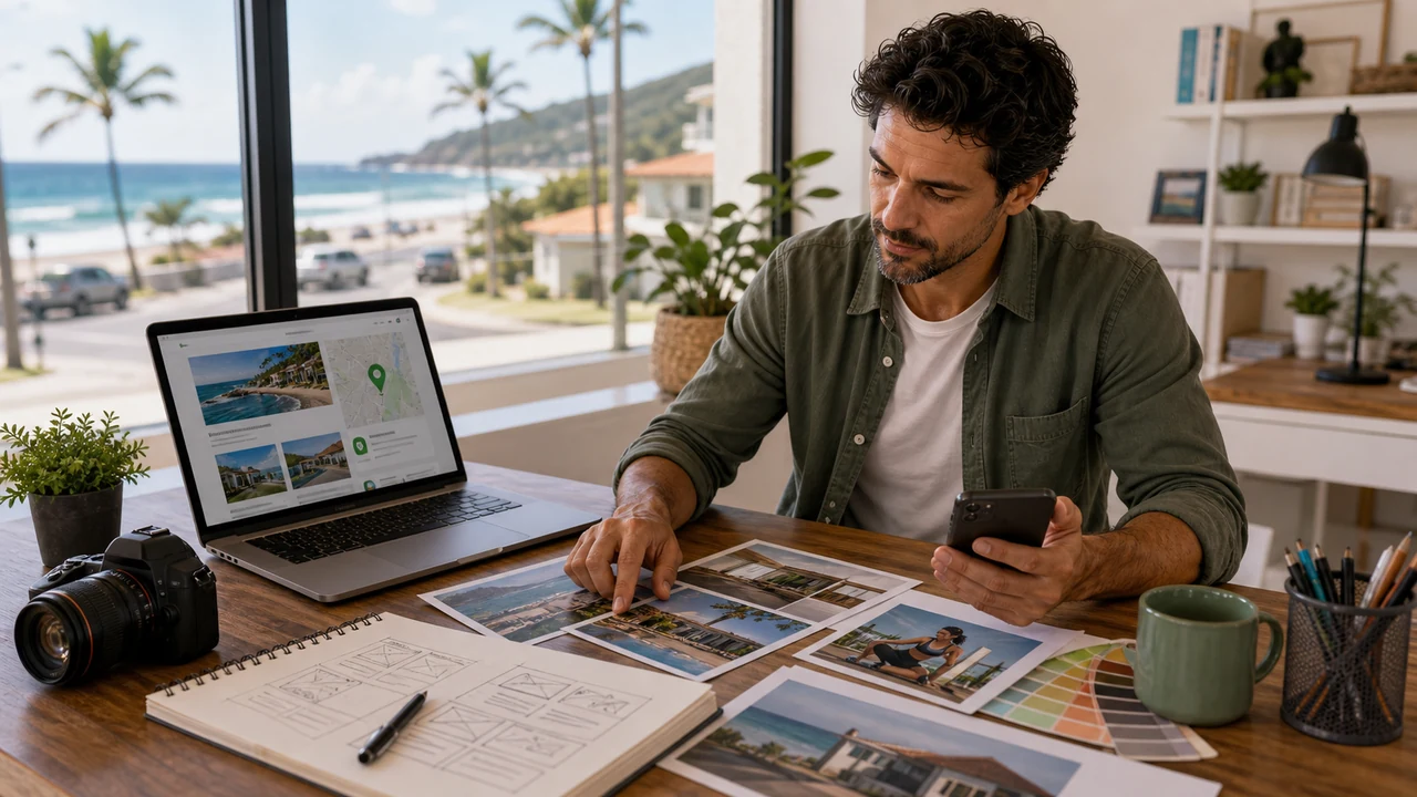 Empreendedor local planejando site, Google e conteúdo em mesa de trabalho