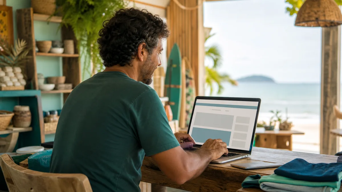 Empresa em Itapoá analisando site profissional e presença local no computador