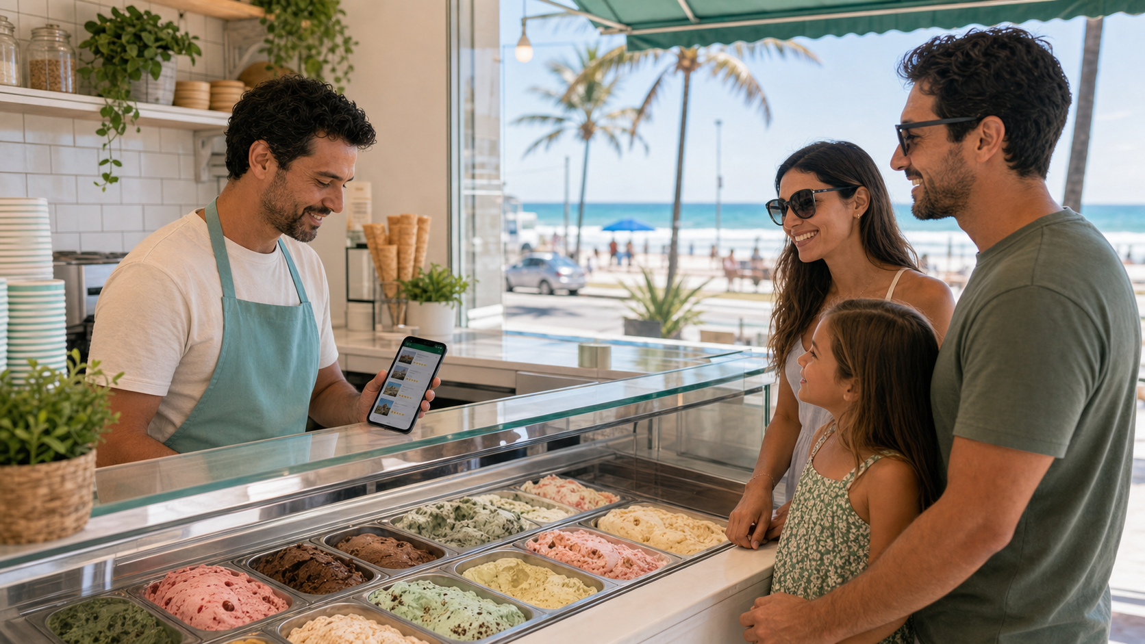 Sorveteria em Itapoá aparecendo no Google com fotos e horário real