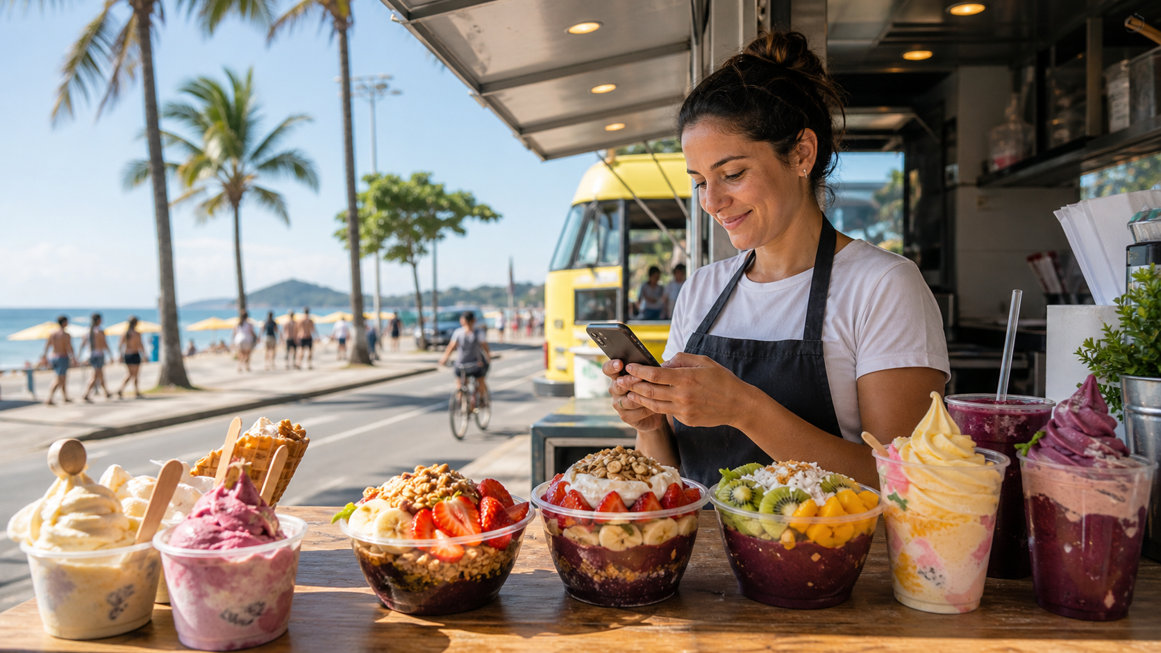 Sorveterias, açaí e food trucks em Itapoá aparecendo para turista na alta temporada