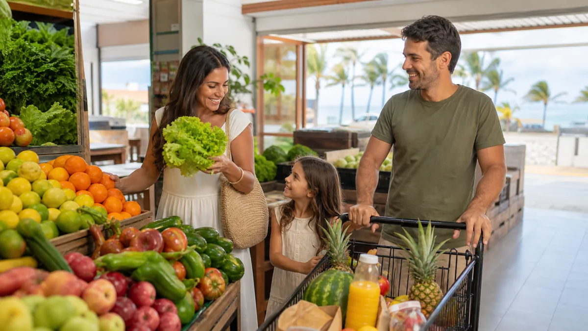 Família faz compras em supermercado de ambiente litorâneo em Itapoá