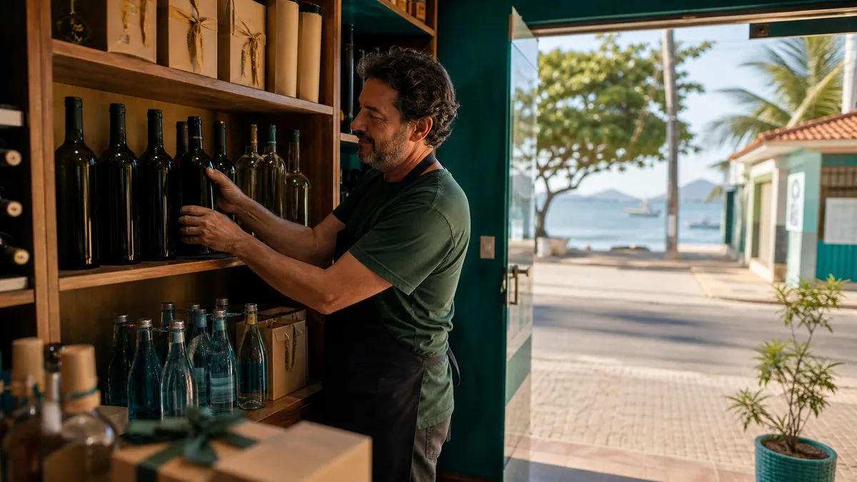Adega em Itapoá com balcão organizado, bebidas sem marca visível e atendimento local