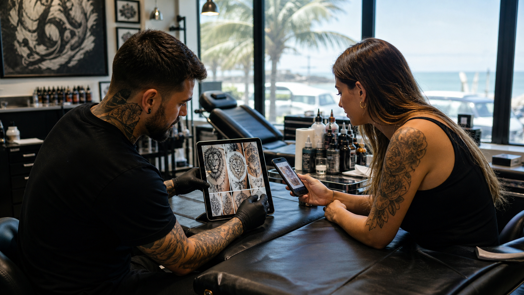 Estúdio de tatuagem em Itapoá mostrando portfólio e atendimento seguro para agendamento