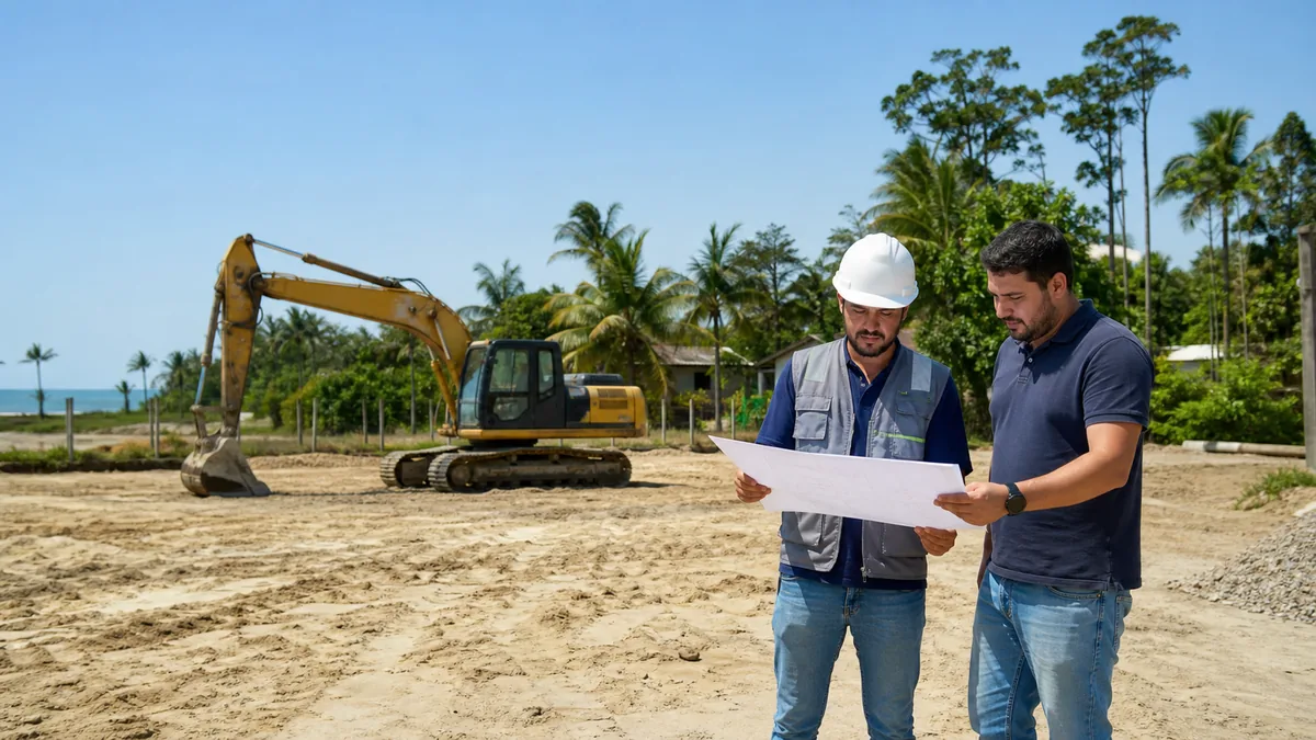Máquina de terraplenagem em Itapoá operando em terreno de obra com equipe em atendimento