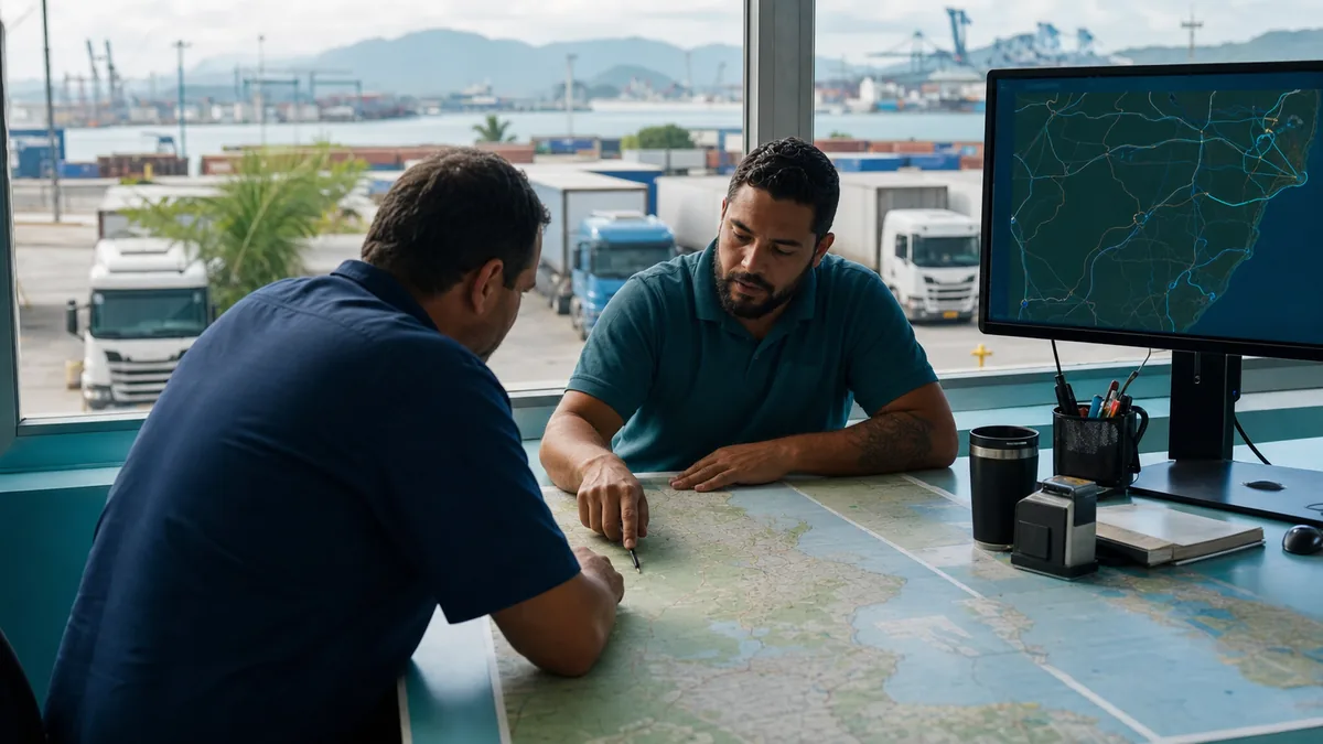 Equipe de logística em Itapoá conferindo rota e carga em computador próximo a caminhões