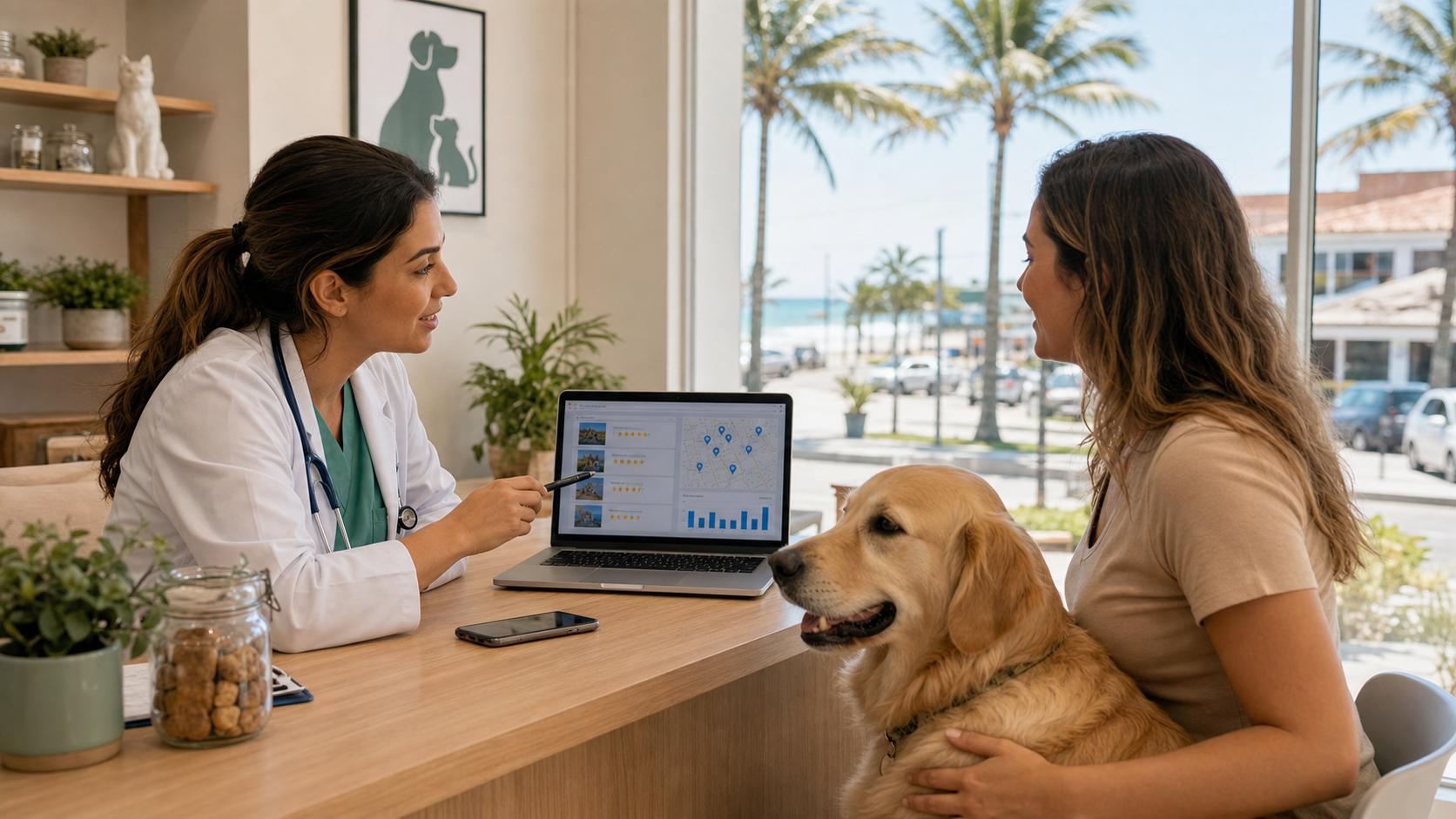 Veterinária em Itapoá explicando atendimento com mapa e avaliações locais