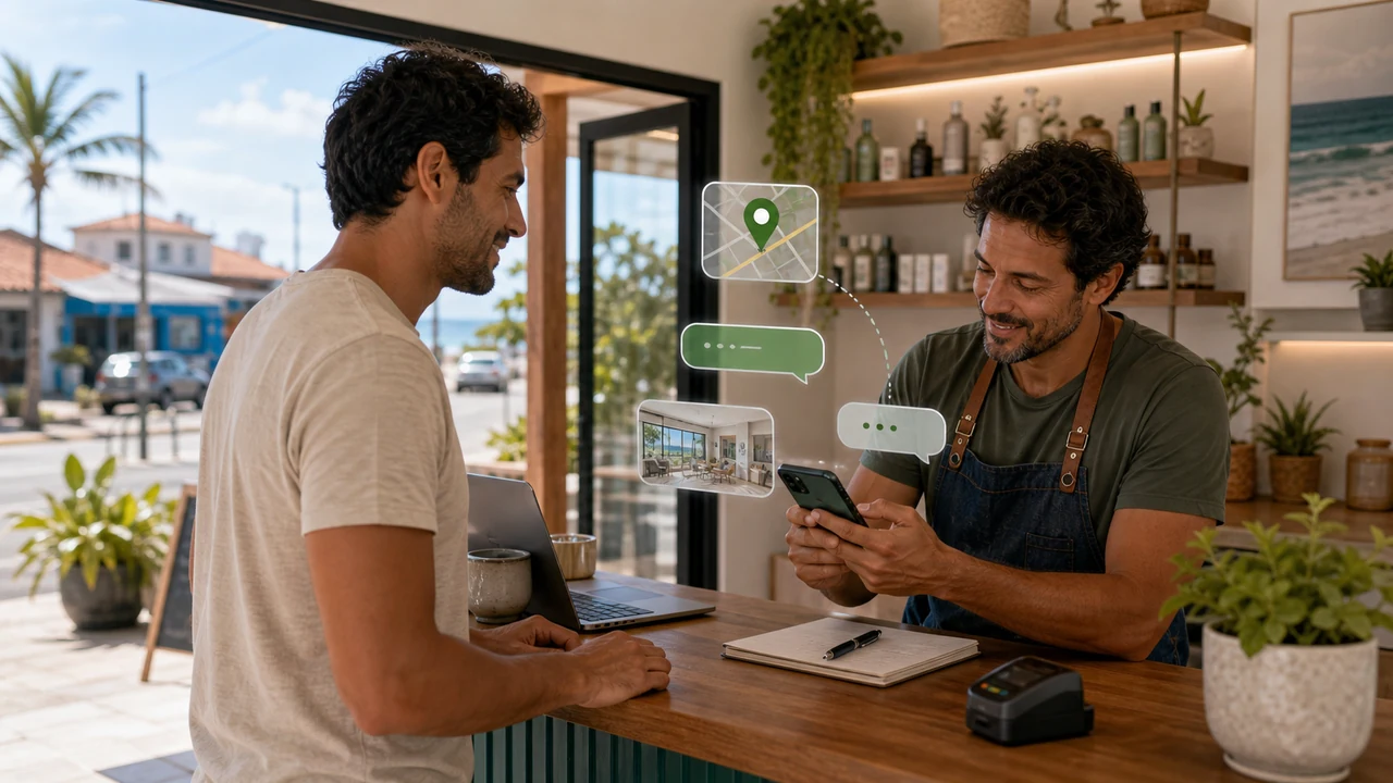 Celular com conversa iniciada depois de uma busca local por serviço em Itapoá